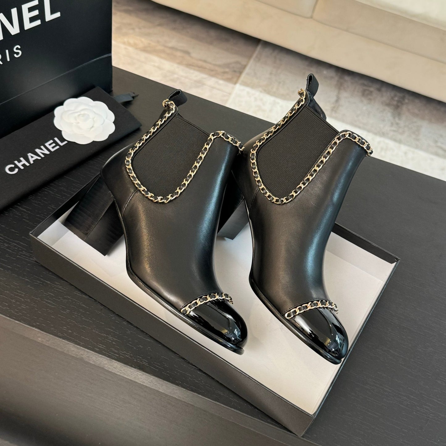 CHANEL Ankle Boots Black Chain Cowhide