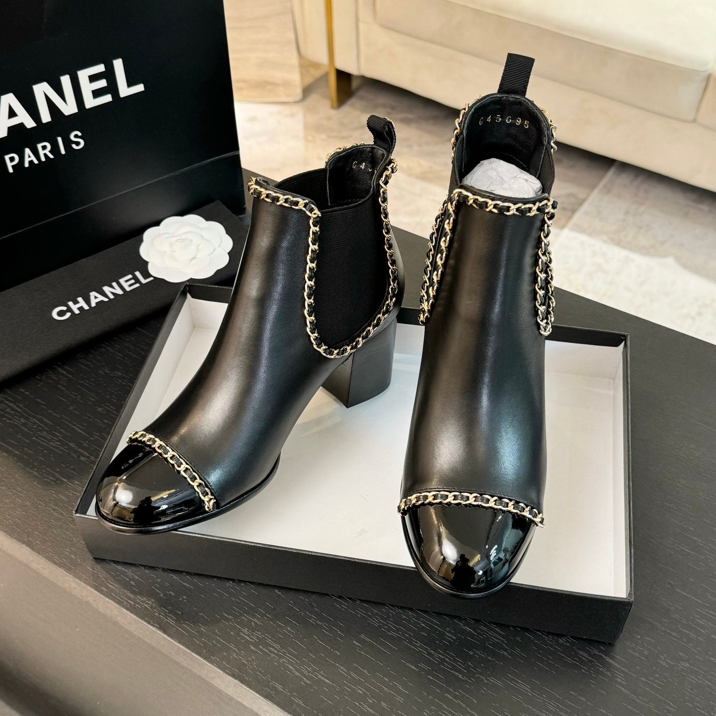 CHANEL Ankle Boots Black Chain Cowhide