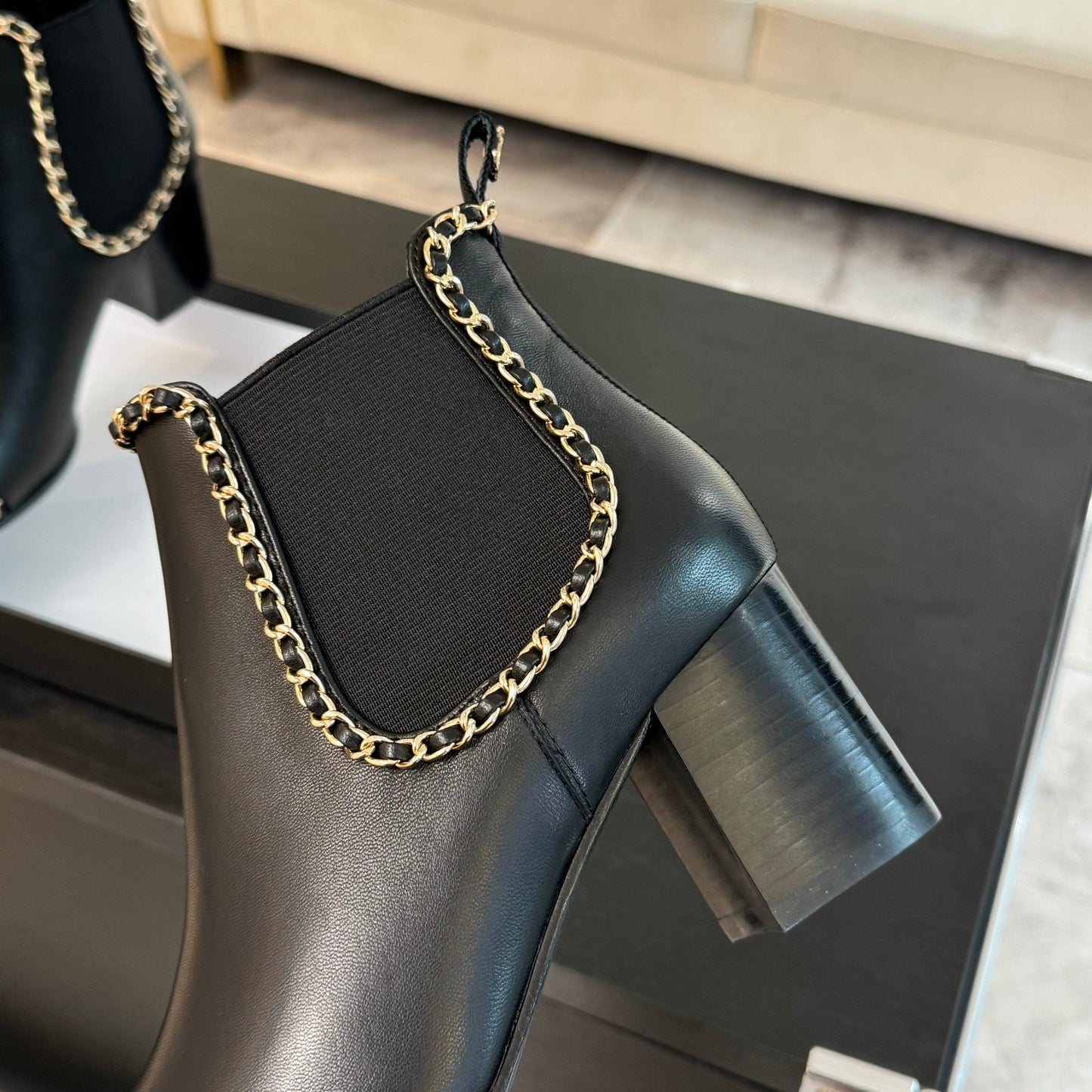 CHANEL Ankle Boots Black Chain Cowhide