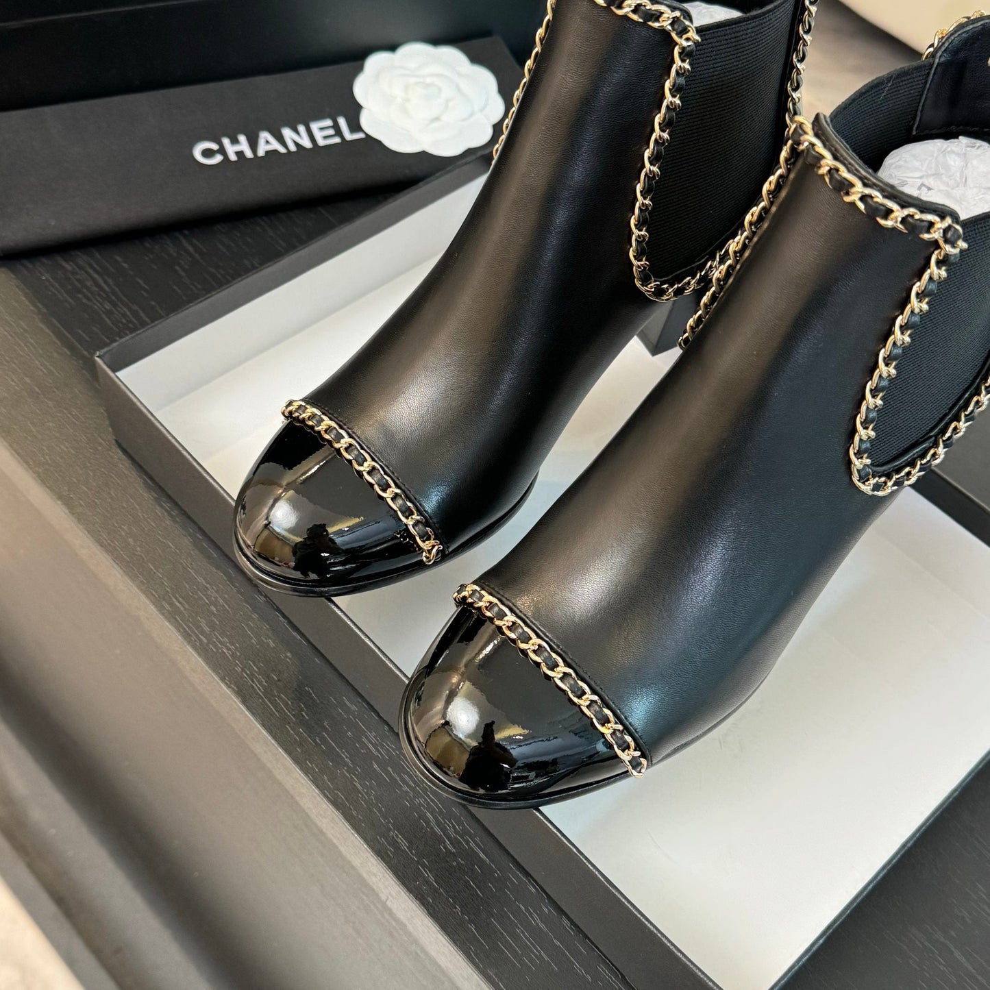 CHANEL Ankle Boots Black Chain Cowhide