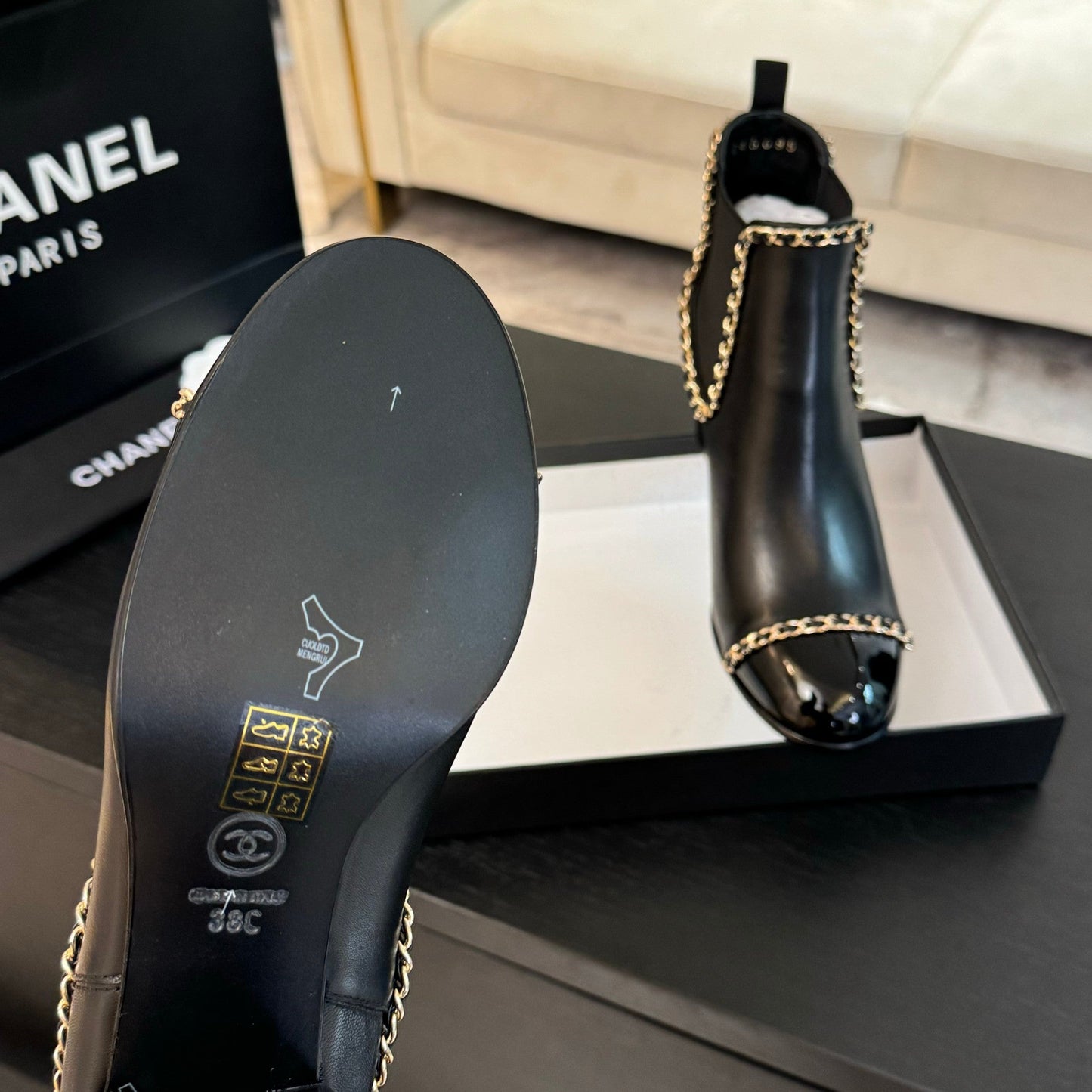 CHANEL Ankle Boots Black Chain Cowhide