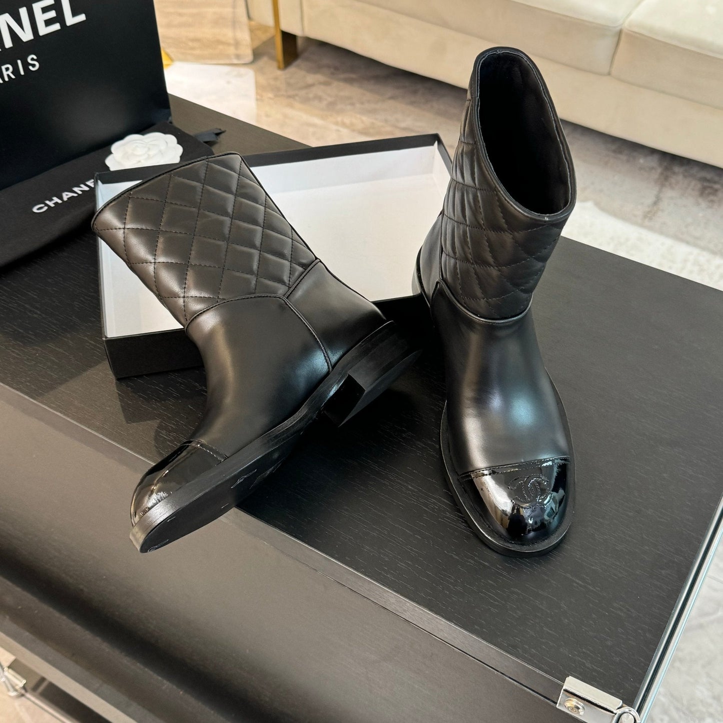 CHANEL Ankle Boots 30mm Black Calfskin Quilted