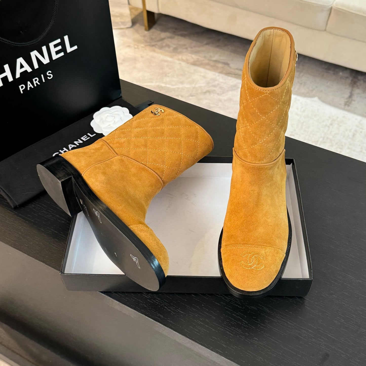CHANEL Ankle Boots 30mm Dark Yellow Suede Quilted