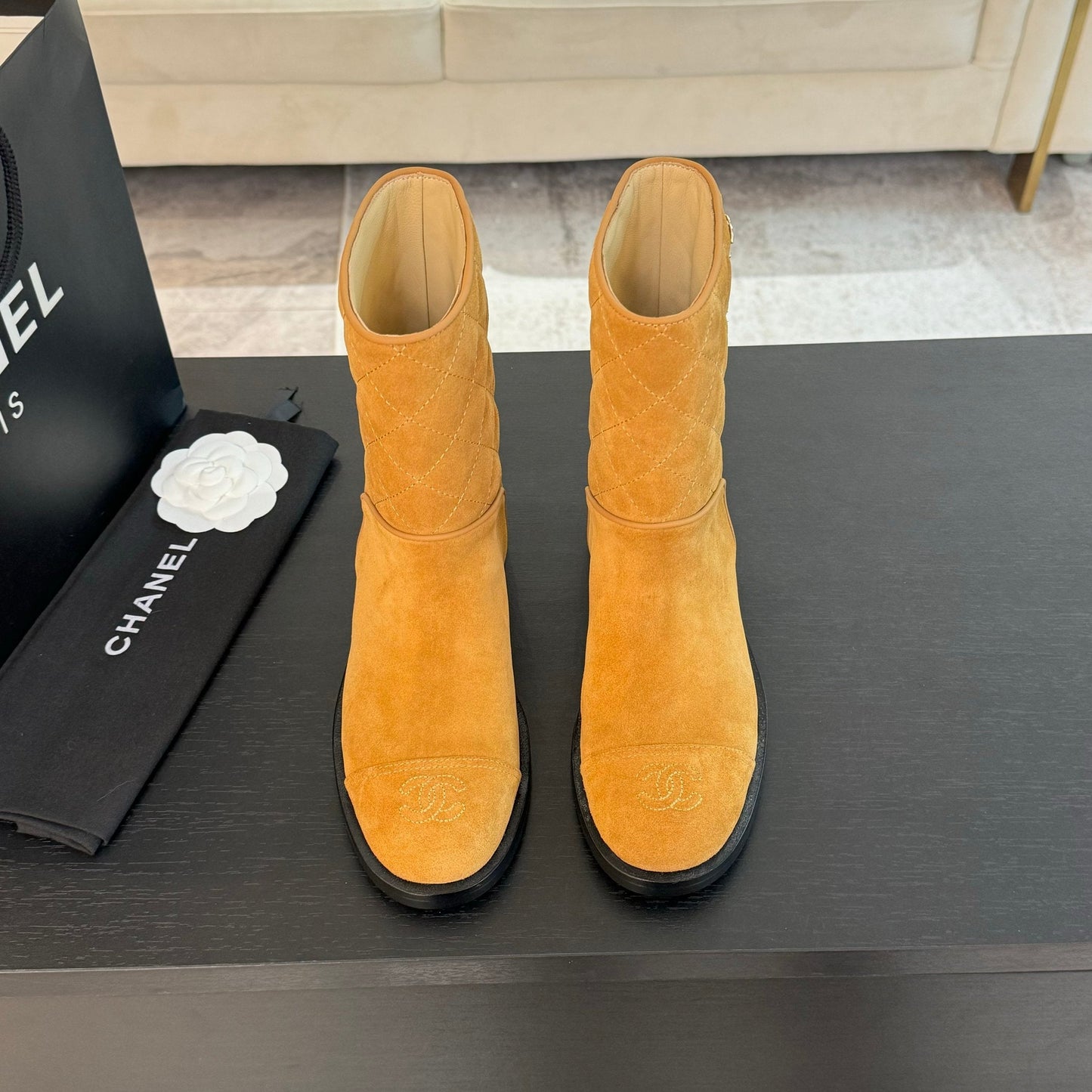 CHANEL Ankle Boots 30mm Dark Yellow Suede Quilted