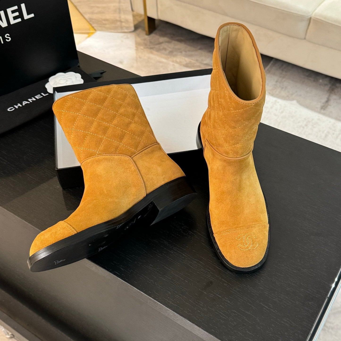 CHANEL Ankle Boots 30mm Dark Yellow Suede Quilted