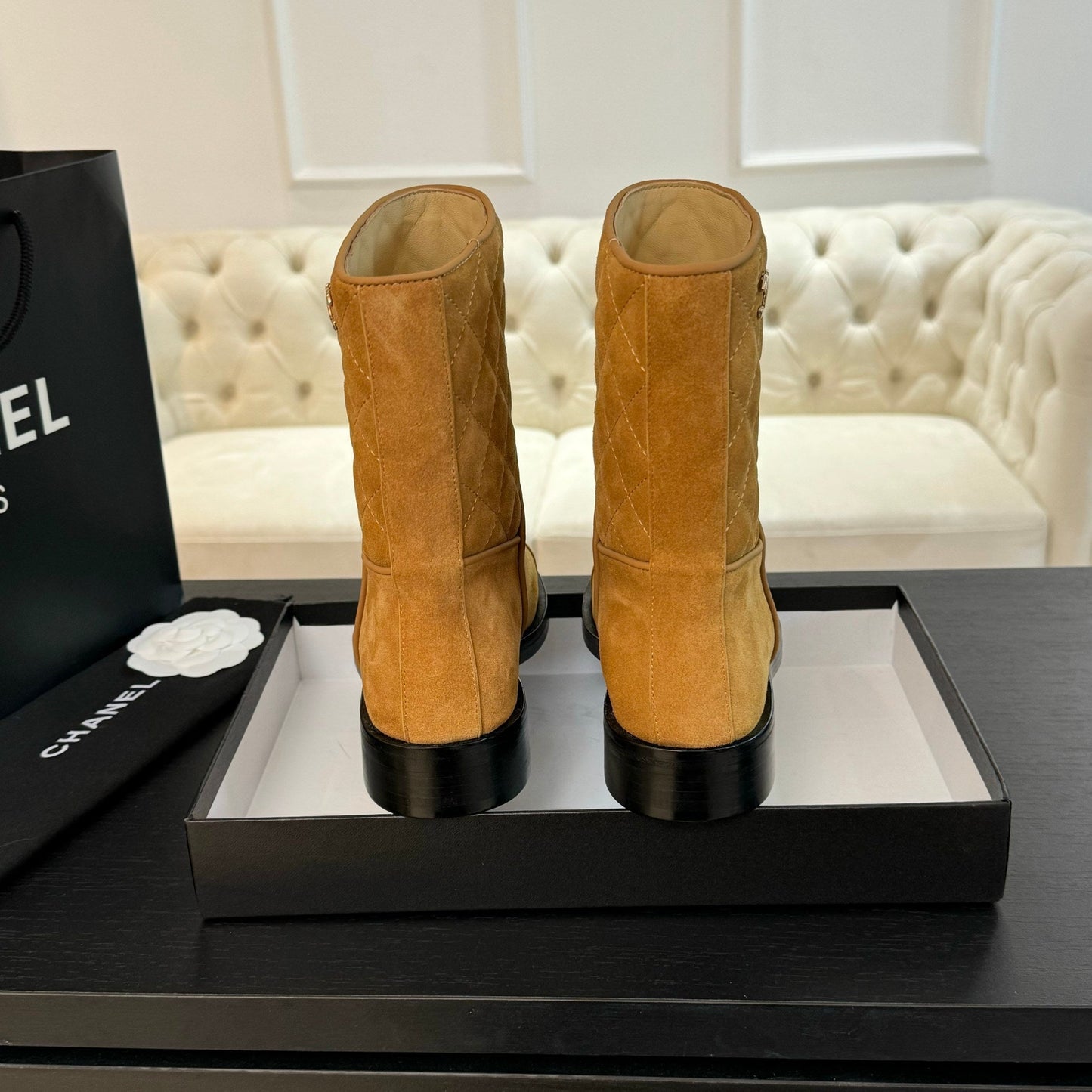 CHANEL Ankle Boots 30mm Dark Yellow Suede Quilted