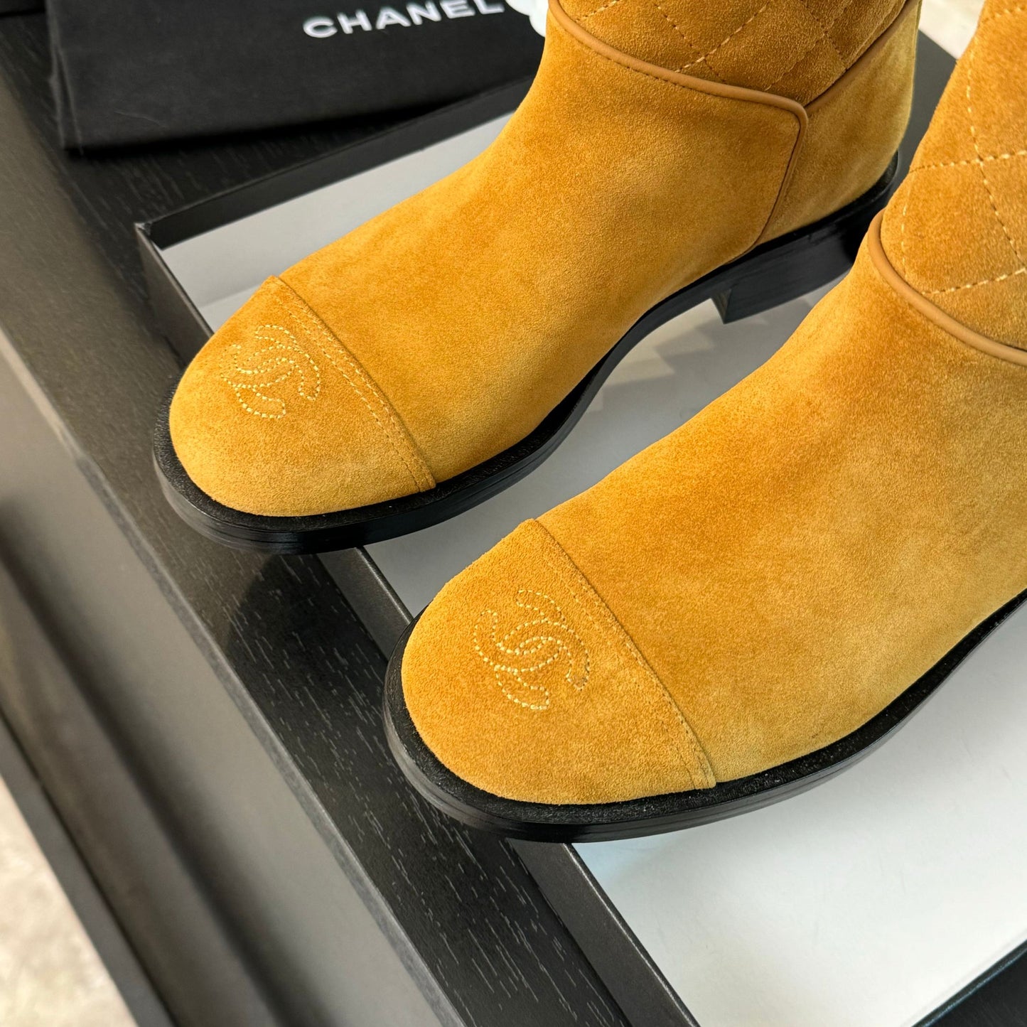 CHANEL Ankle Boots 30mm Dark Yellow Suede Quilted