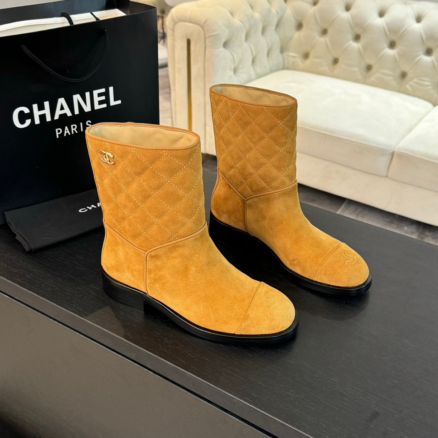 CHANEL Ankle Boots 30mm Dark Yellow Suede Quilted