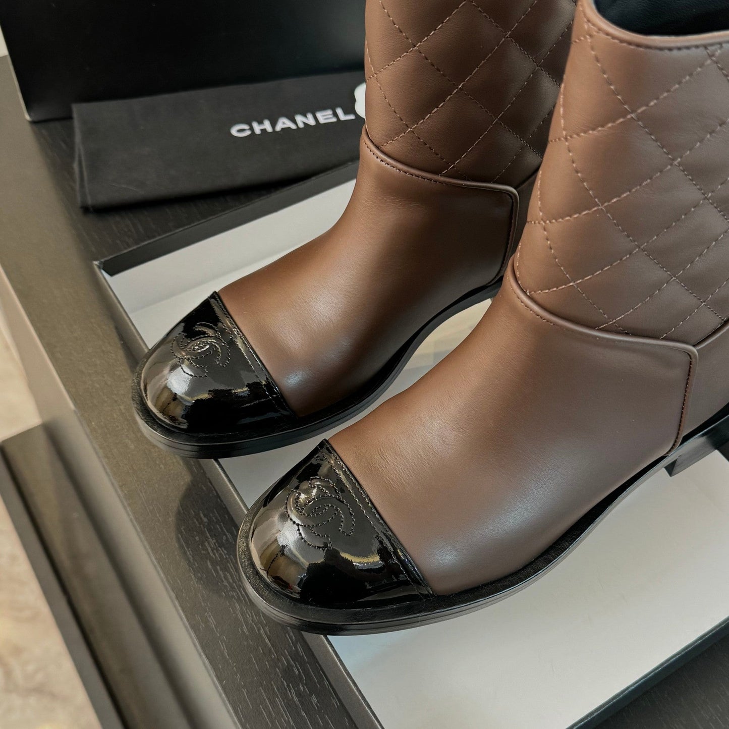 CHANEL Ankle Boots 30mm Earth Brown Calfskin Quilted