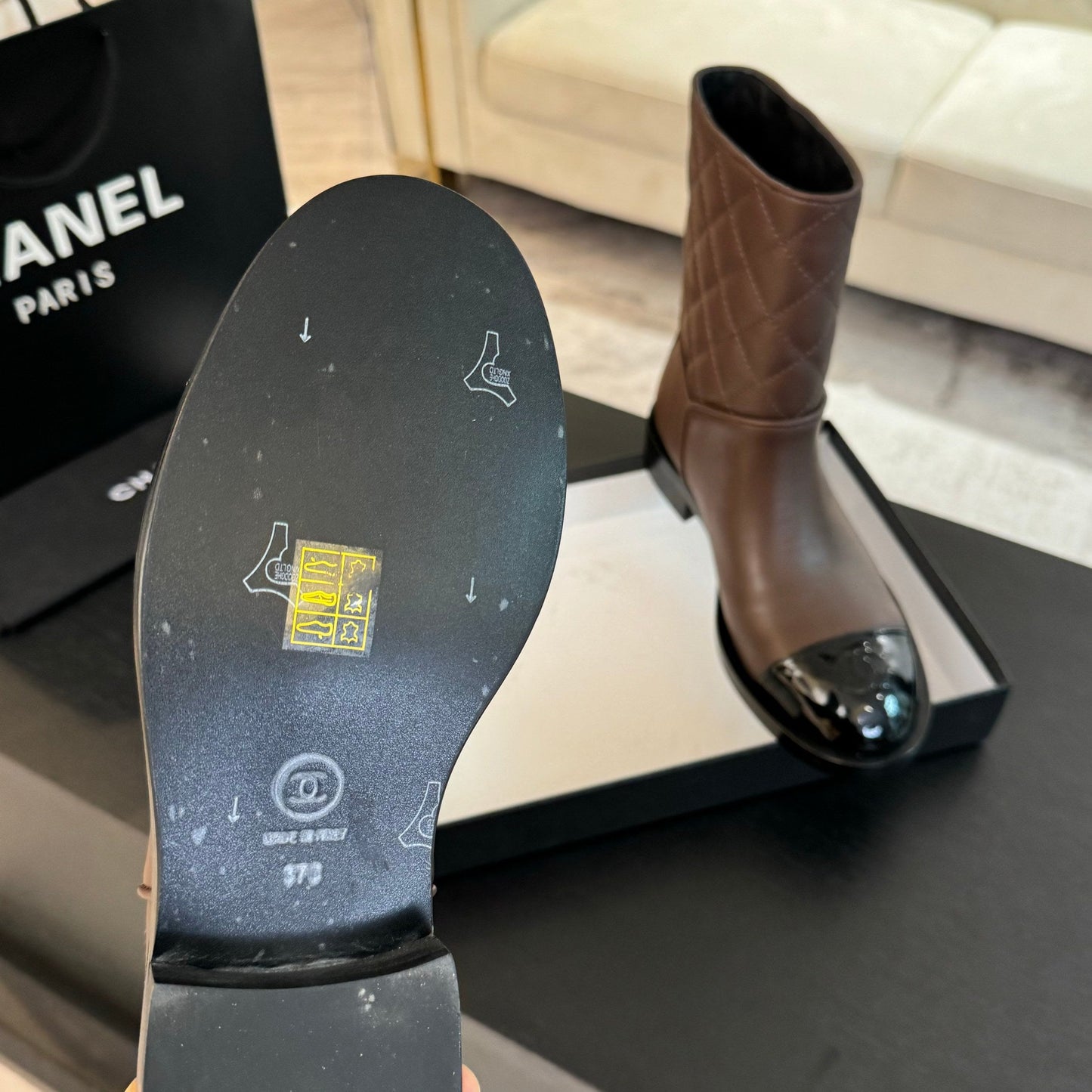 CHANEL Ankle Boots 30mm Earth Brown Calfskin Quilted