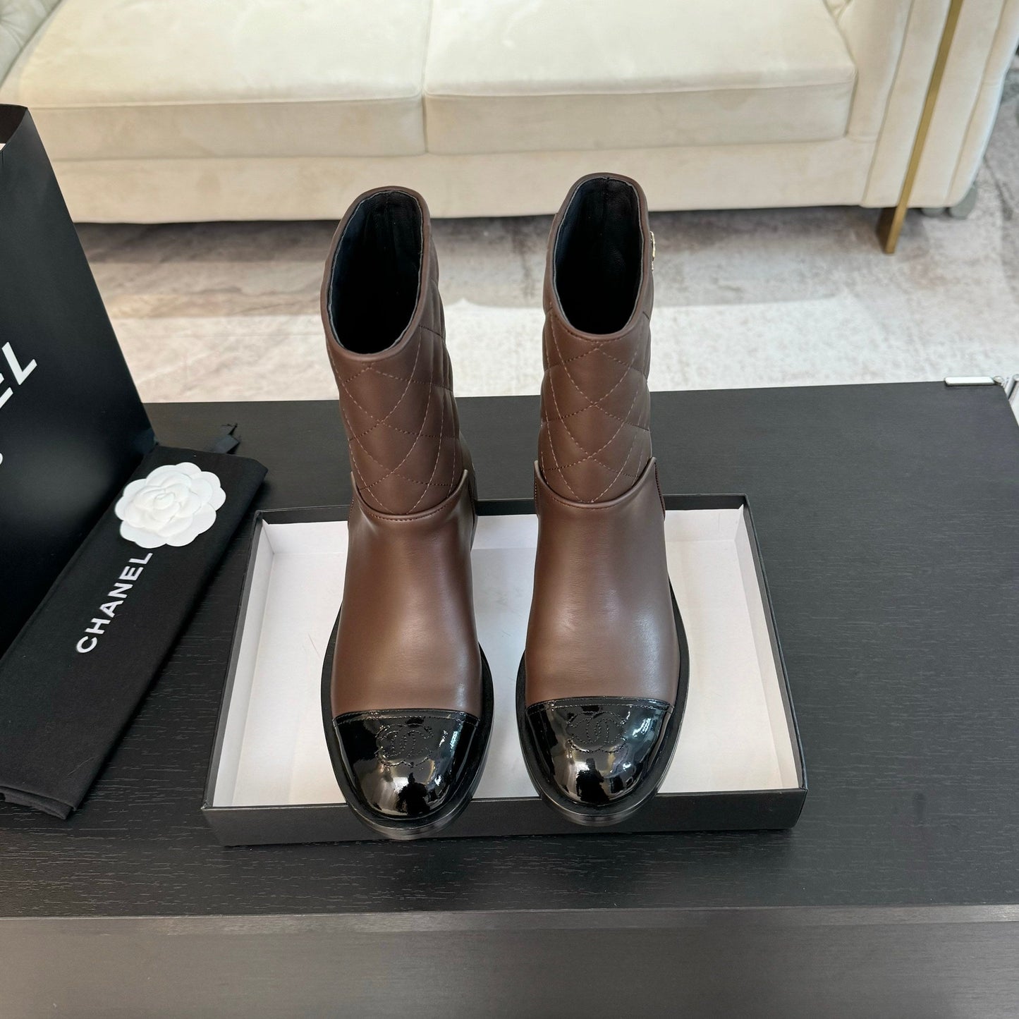 CHANEL Ankle Boots 30mm Earth Brown Calfskin Quilted