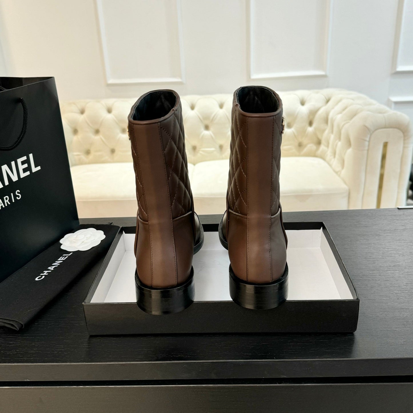 CHANEL Ankle Boots 30mm Earth Brown Calfskin Quilted
