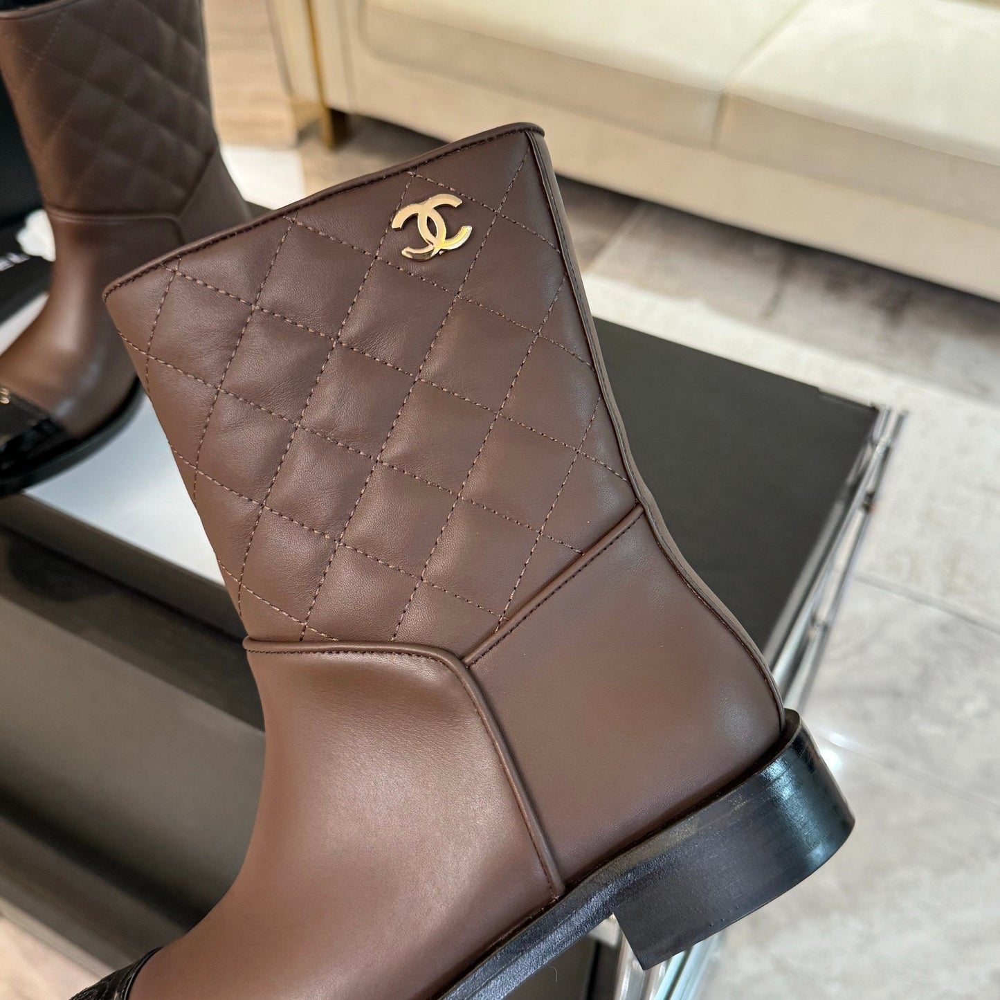 CHANEL Ankle Boots 30mm Earth Brown Calfskin Quilted
