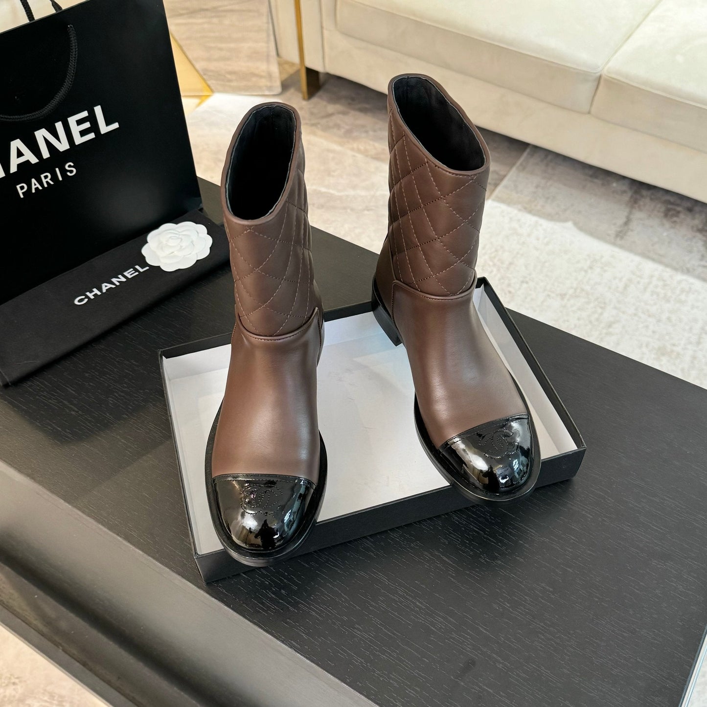 CHANEL Ankle Boots 30mm Earth Brown Calfskin Quilted