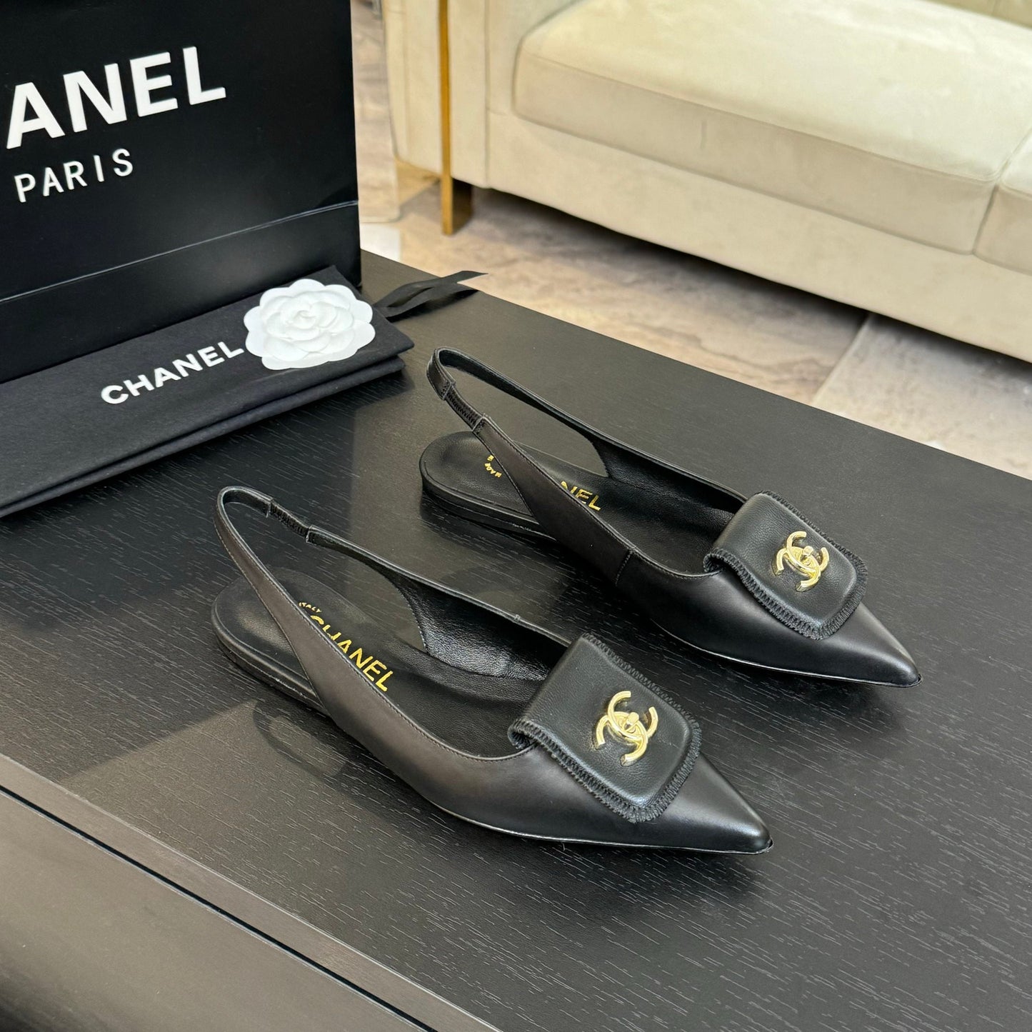 CHANEL 25C Slingback Flat Black Genuine sheepskin 212949