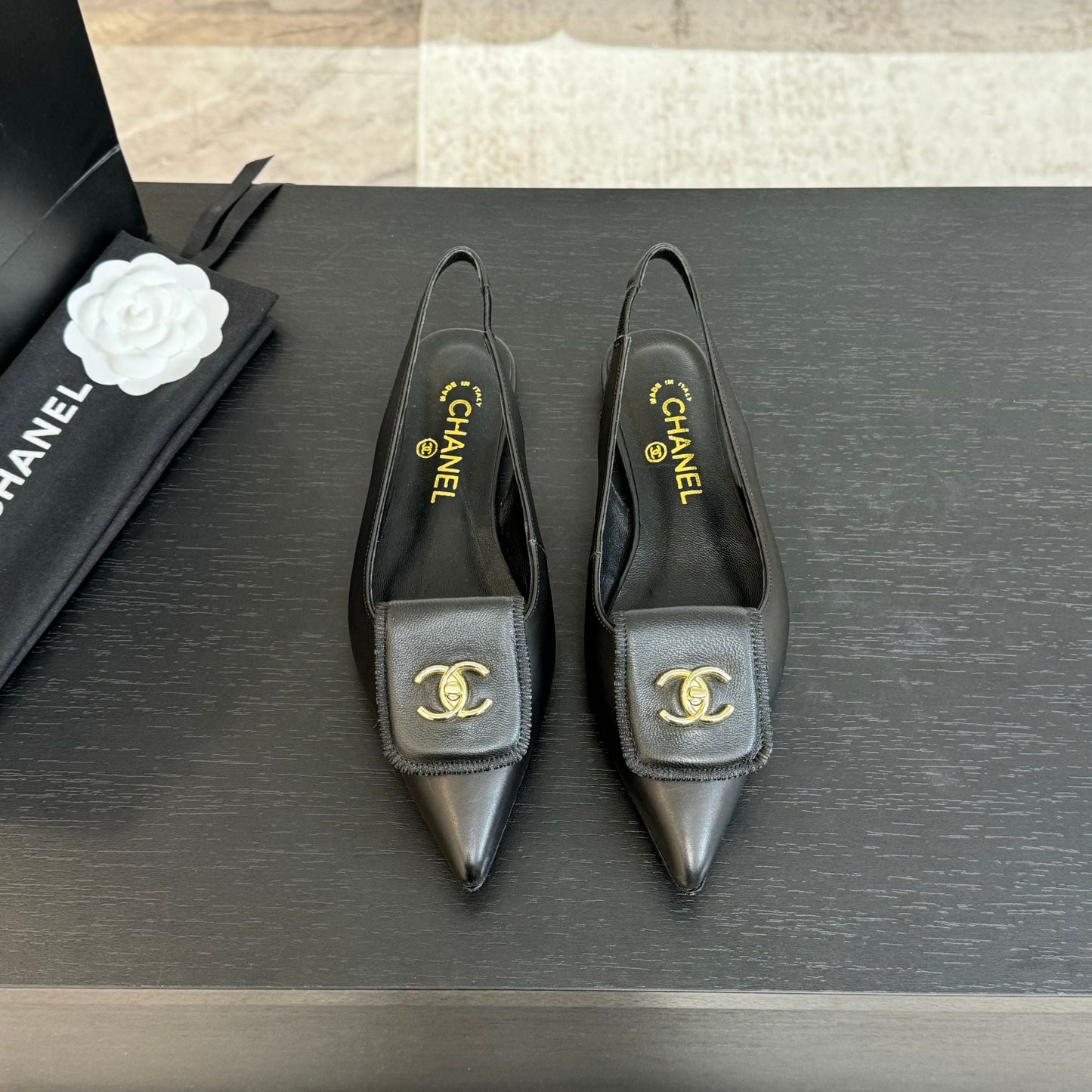 CHANEL 25C Slingback Flat Black Genuine sheepskin 212949