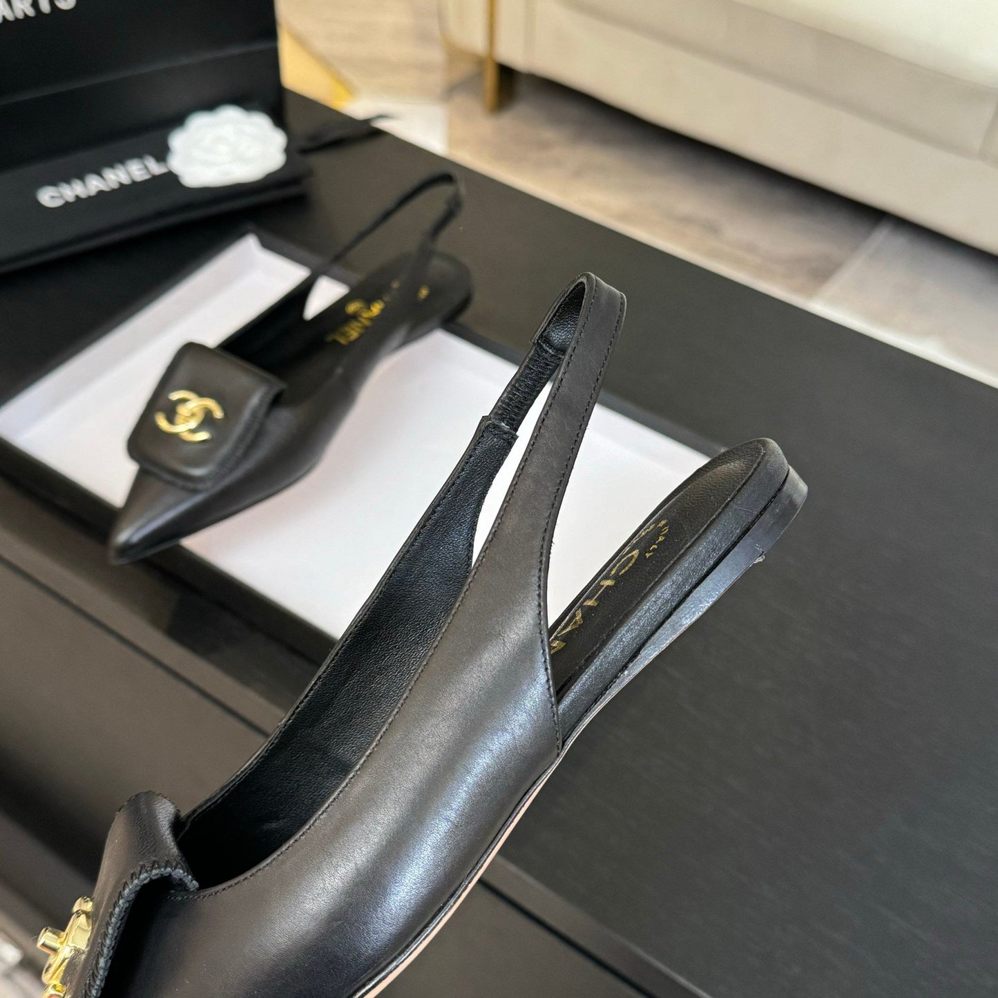 CHANEL 25C Slingback Flat Black Genuine sheepskin 212949