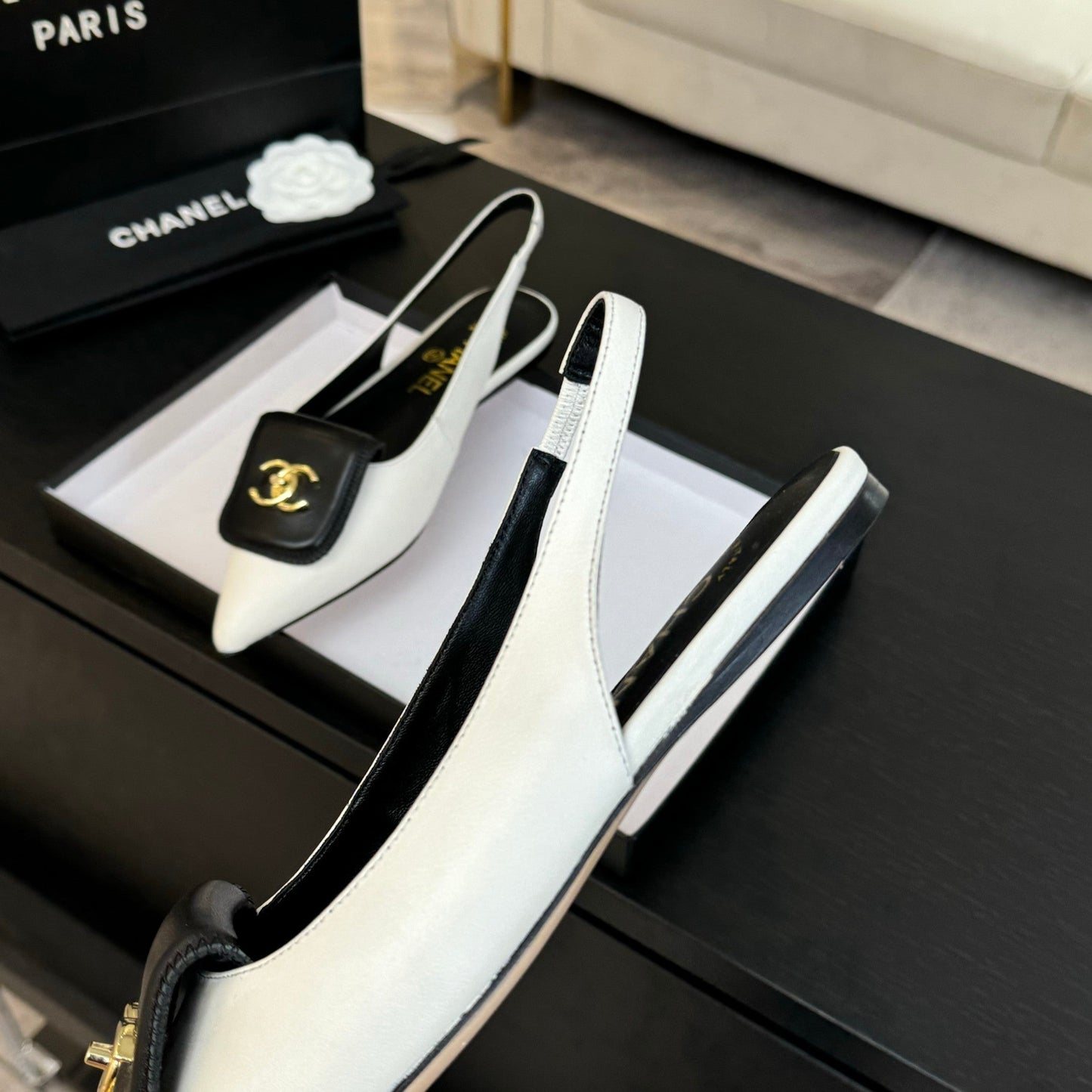 CHANEL 25C Slingback Flat White Genuine sheepskin 212950