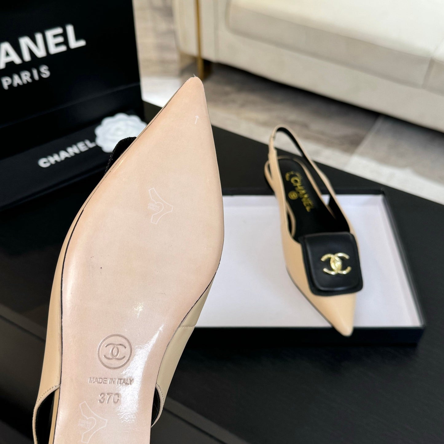 CHANEL 25C Slingback Flat Cream Genuine sheepskin 212951