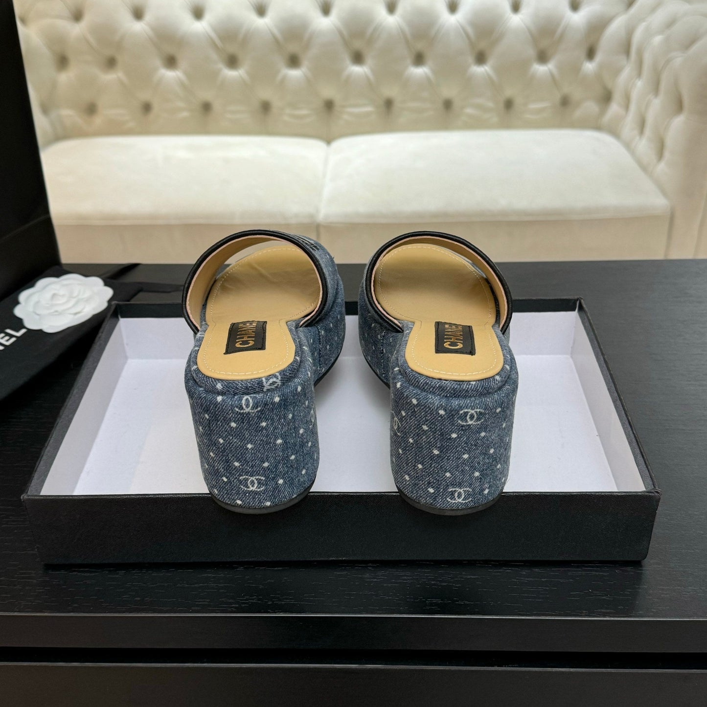 CHANEL 25C Platform Slide Sandals Navy Blue Fabric 213158