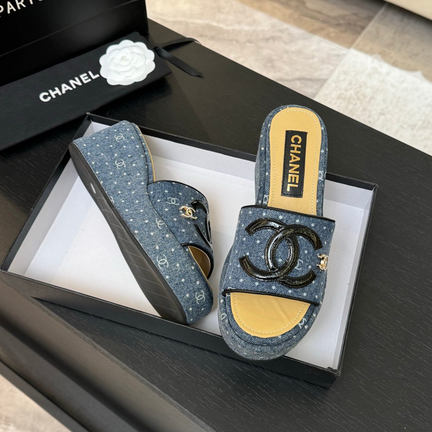 CHANEL 25C Platform Slide Sandals Navy Blue Fabric 213158