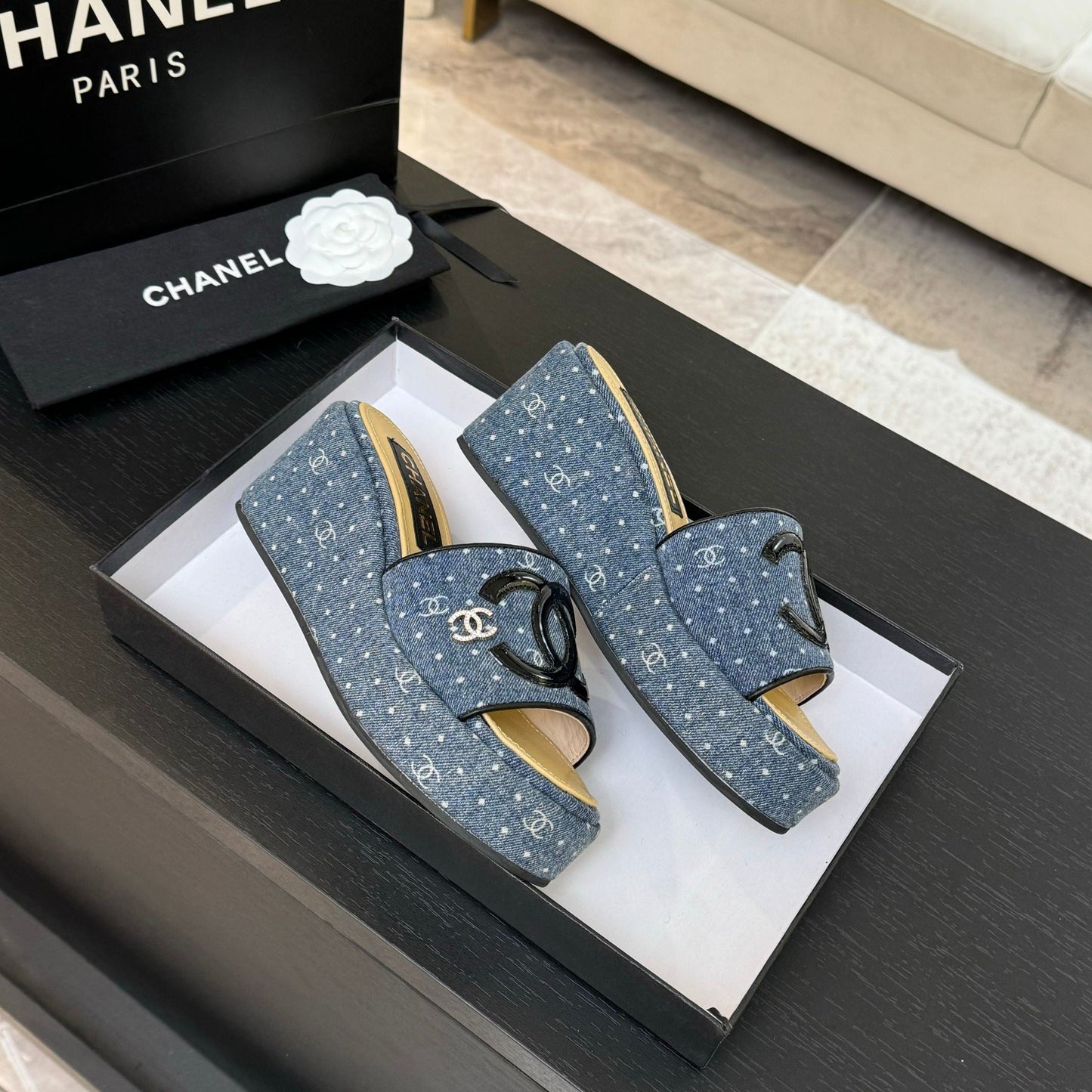 CHANEL 25C Platform Slide Sandals Navy Blue Fabric 213158