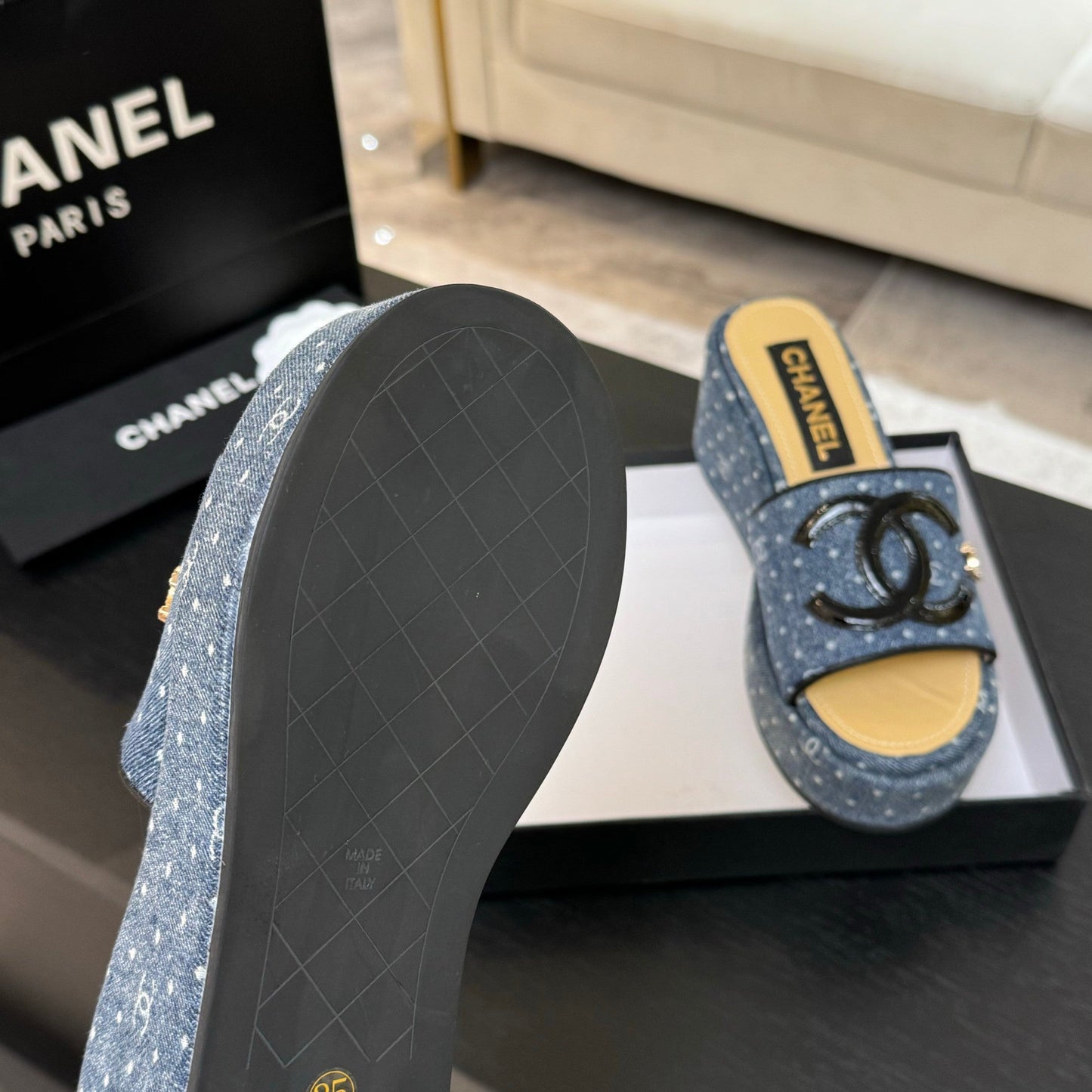 CHANEL 25C Platform Slide Sandals Navy Blue Fabric 213158