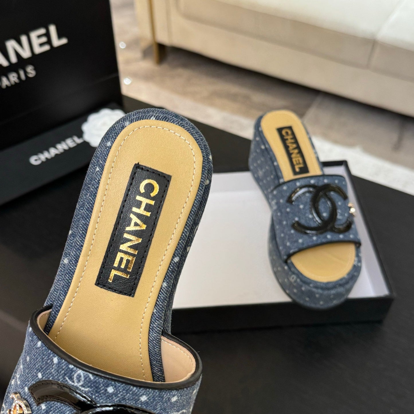 CHANEL 25C Platform Slide Sandals Navy Blue Fabric 213158