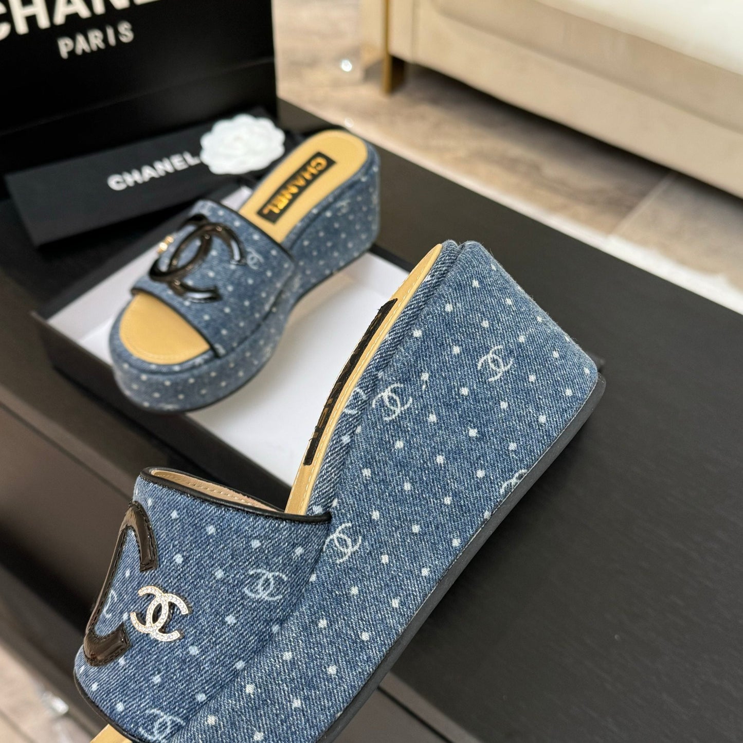 CHANEL 25C Platform Slide Sandals Navy Blue Fabric 213158