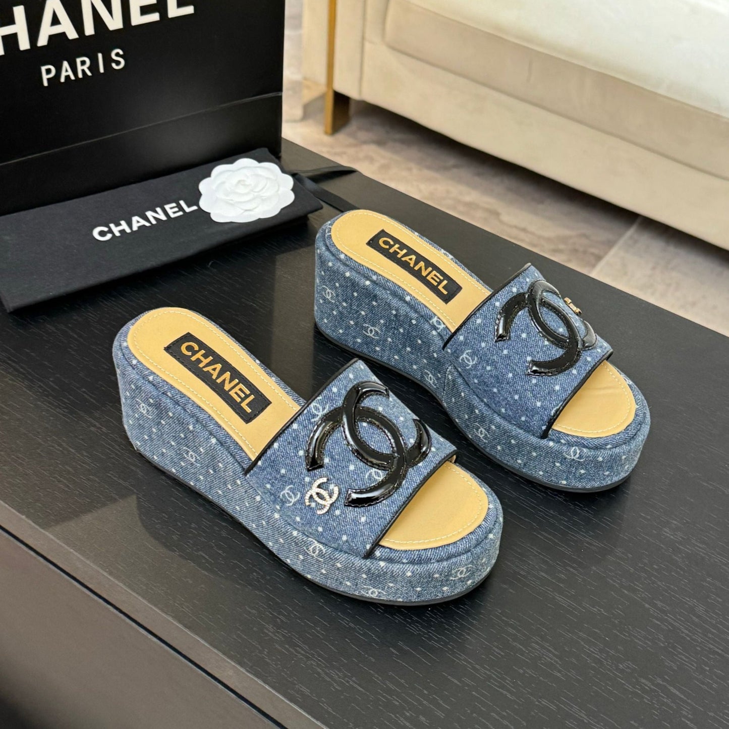 CHANEL 25C Platform Slide Sandals Navy Blue Fabric 213158