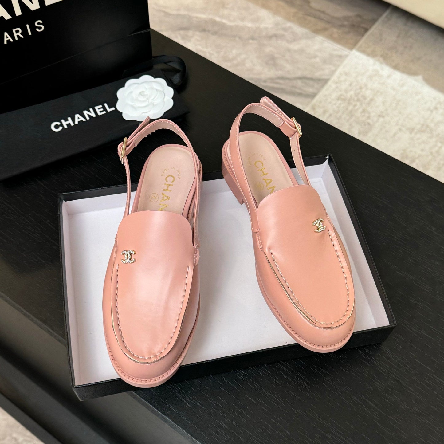 CHANEL 25C Slingback Loafer Pink Patent Leather