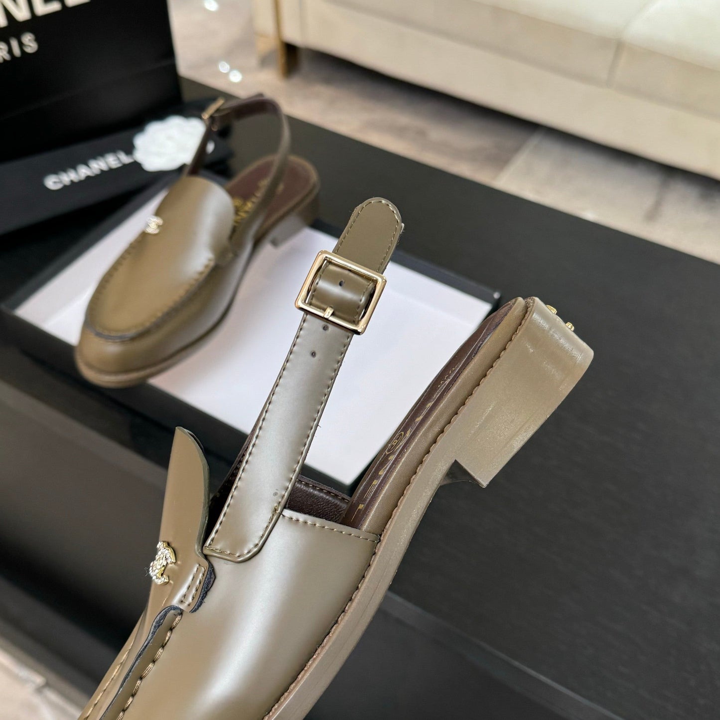 CHANEL 25C Slingback Loafer Bronze Olive Patent Leather