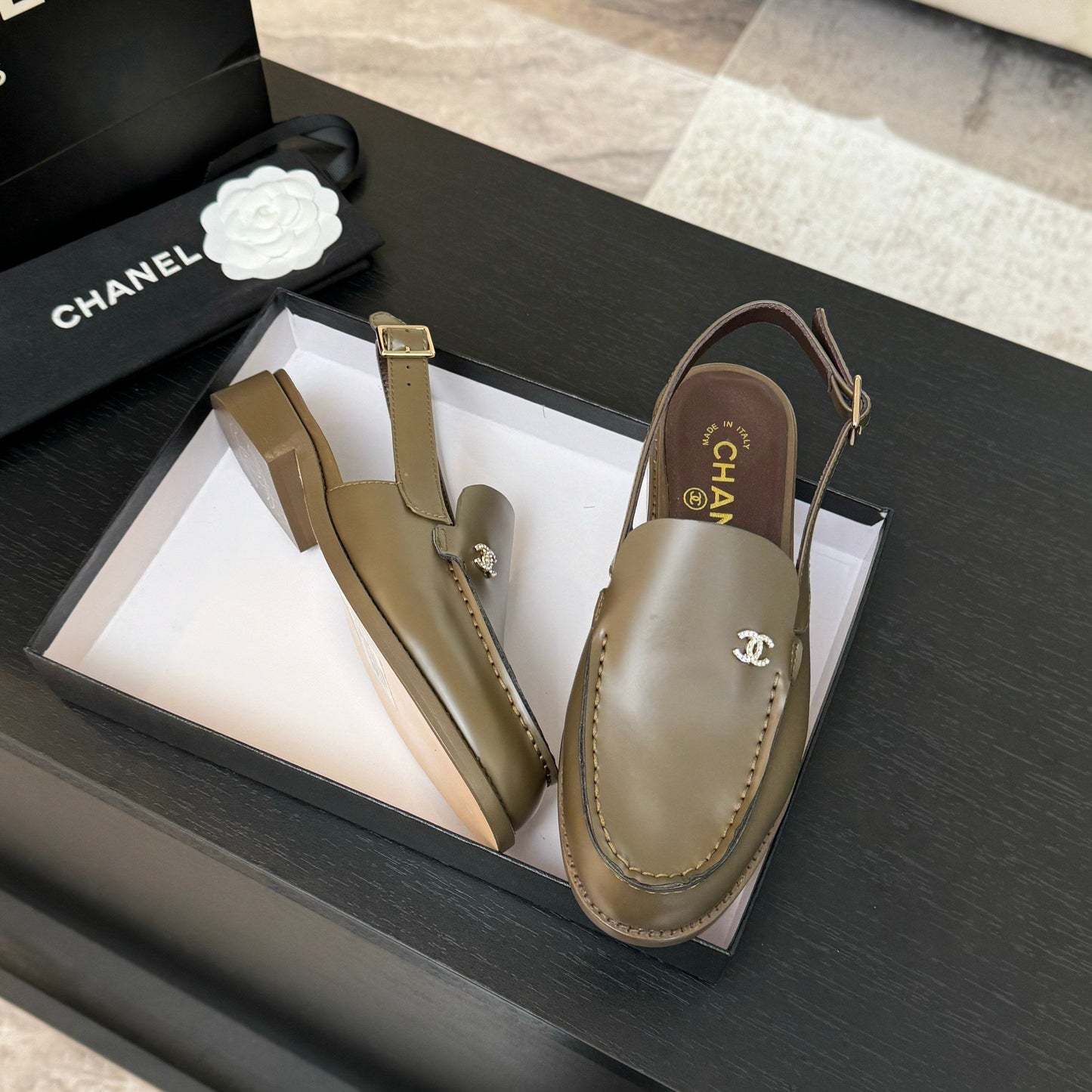 CHANEL 25C Slingback Loafer Bronze Olive Patent Leather