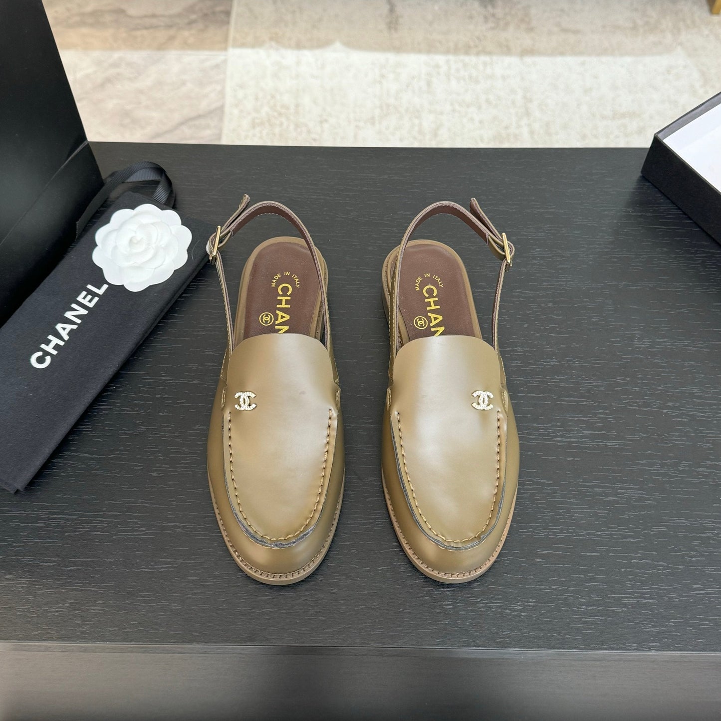 CHANEL 25C Slingback Loafer Bronze Olive Patent Leather