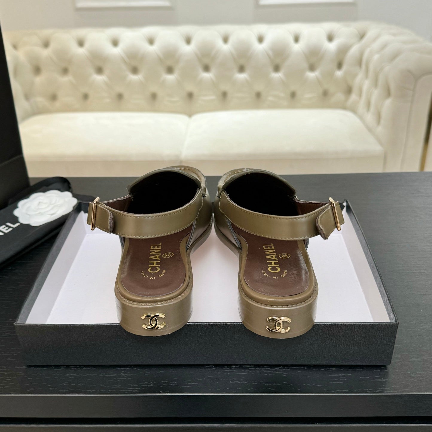 CHANEL 25C Slingback Loafer Bronze Olive Patent Leather