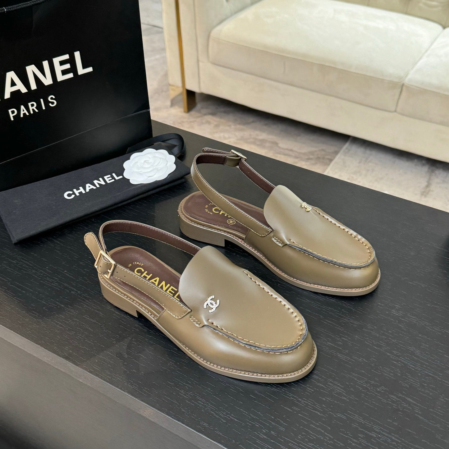 CHANEL 25C Slingback Loafer Bronze Olive Patent Leather