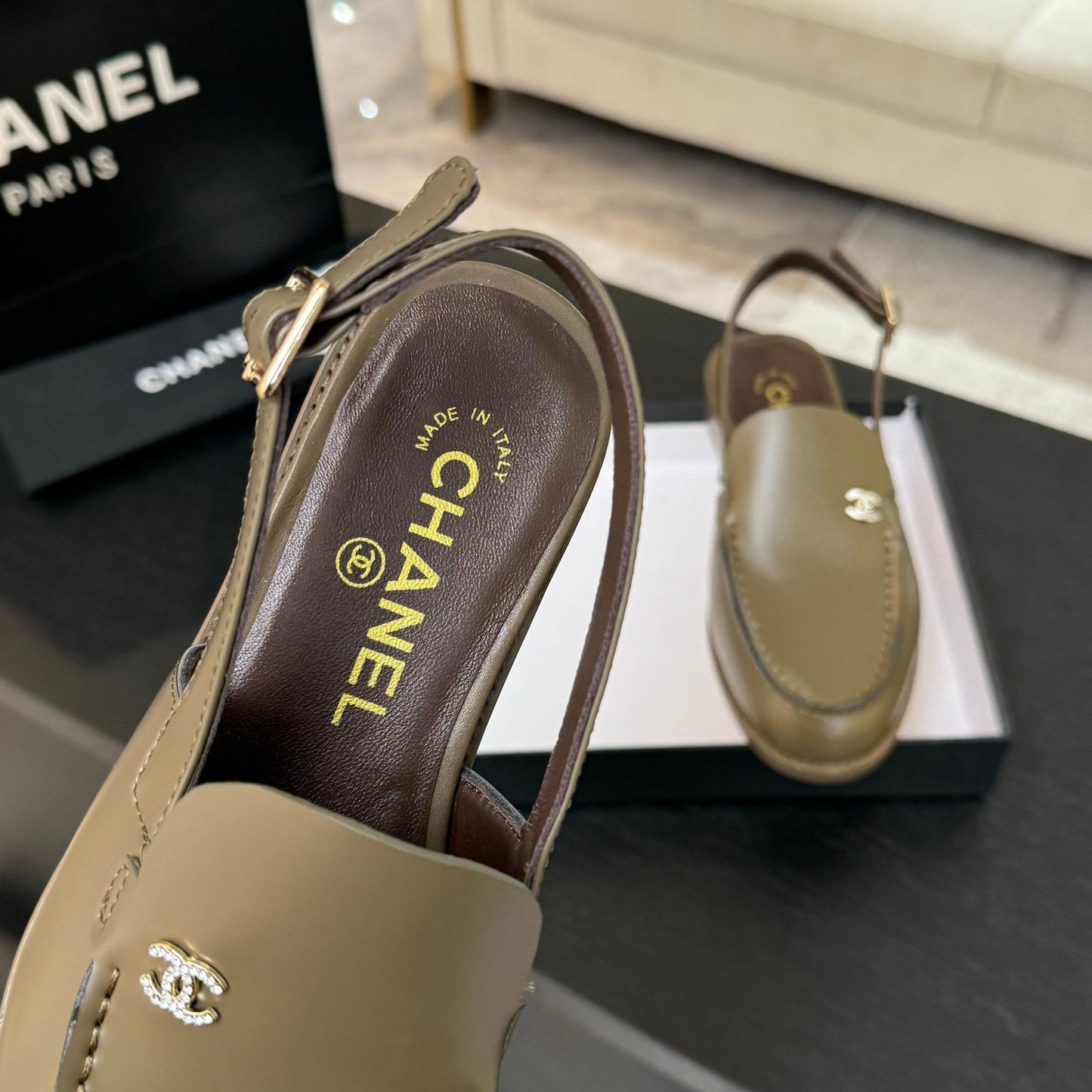 CHANEL 25C Slingback Loafer Bronze Olive Patent Leather