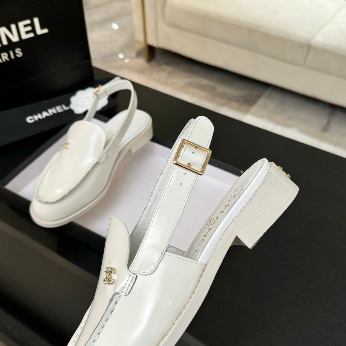CHANEL 25C Slingback Loafer White Patent Leather