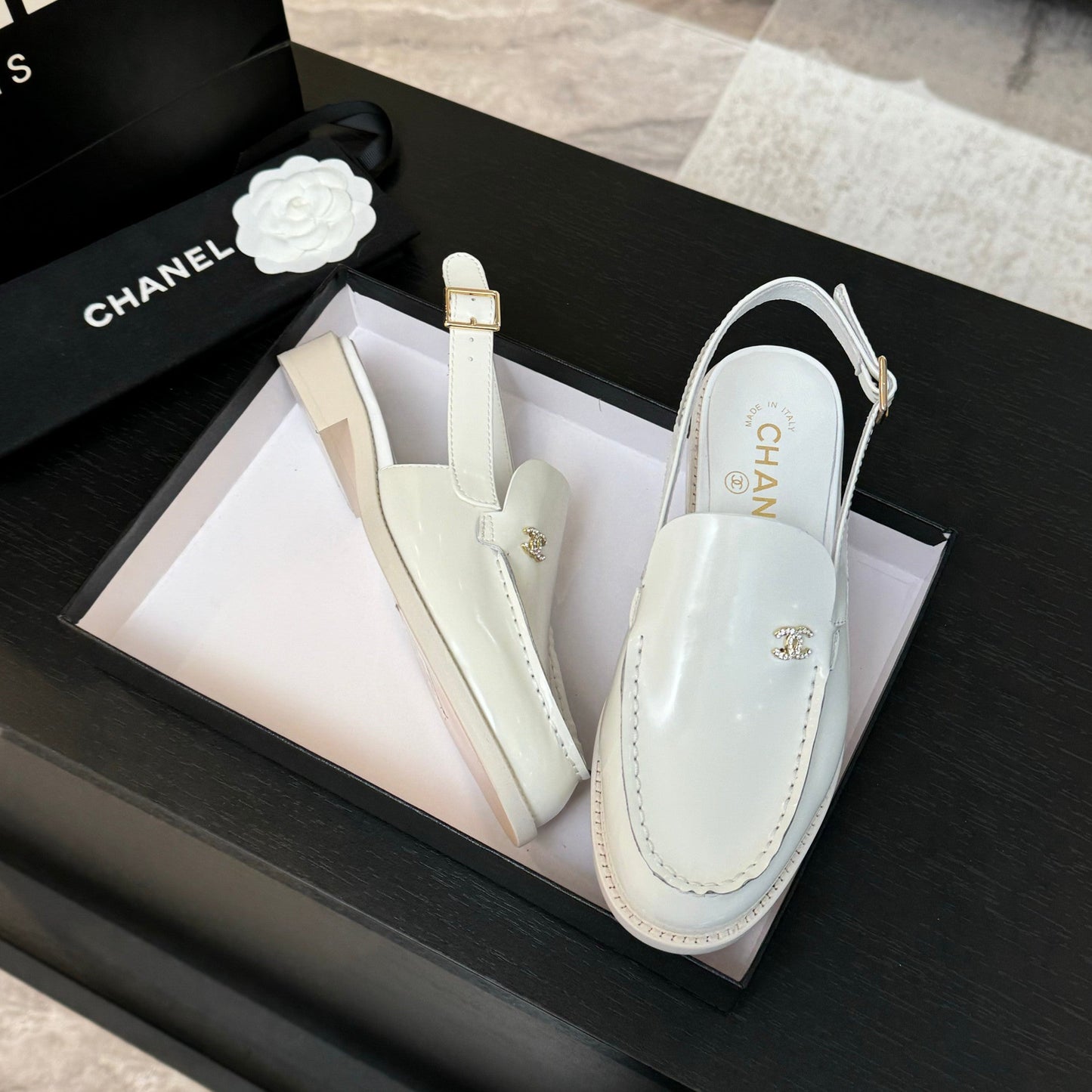 CHANEL 25C Slingback Loafer White Patent Leather