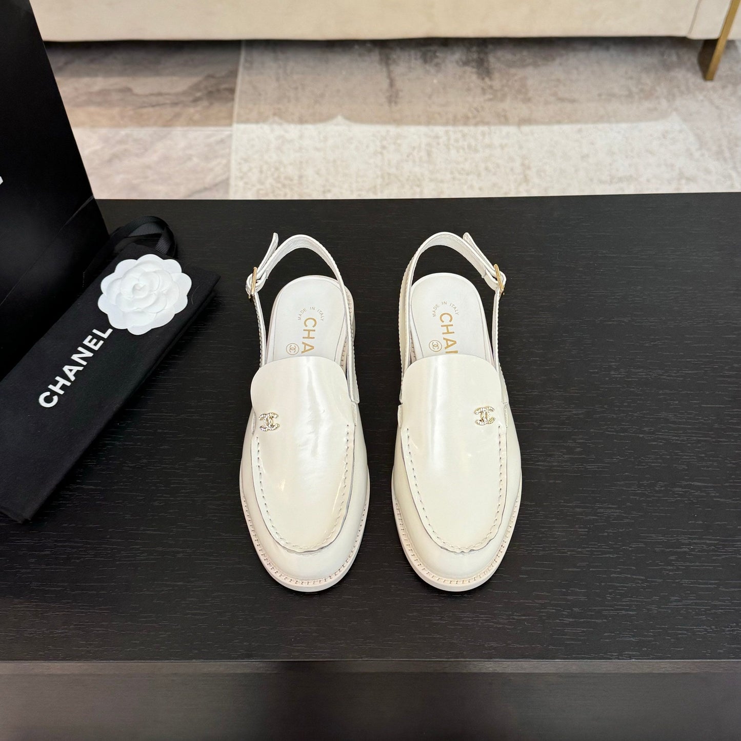 CHANEL 25C Slingback Loafer White Patent Leather