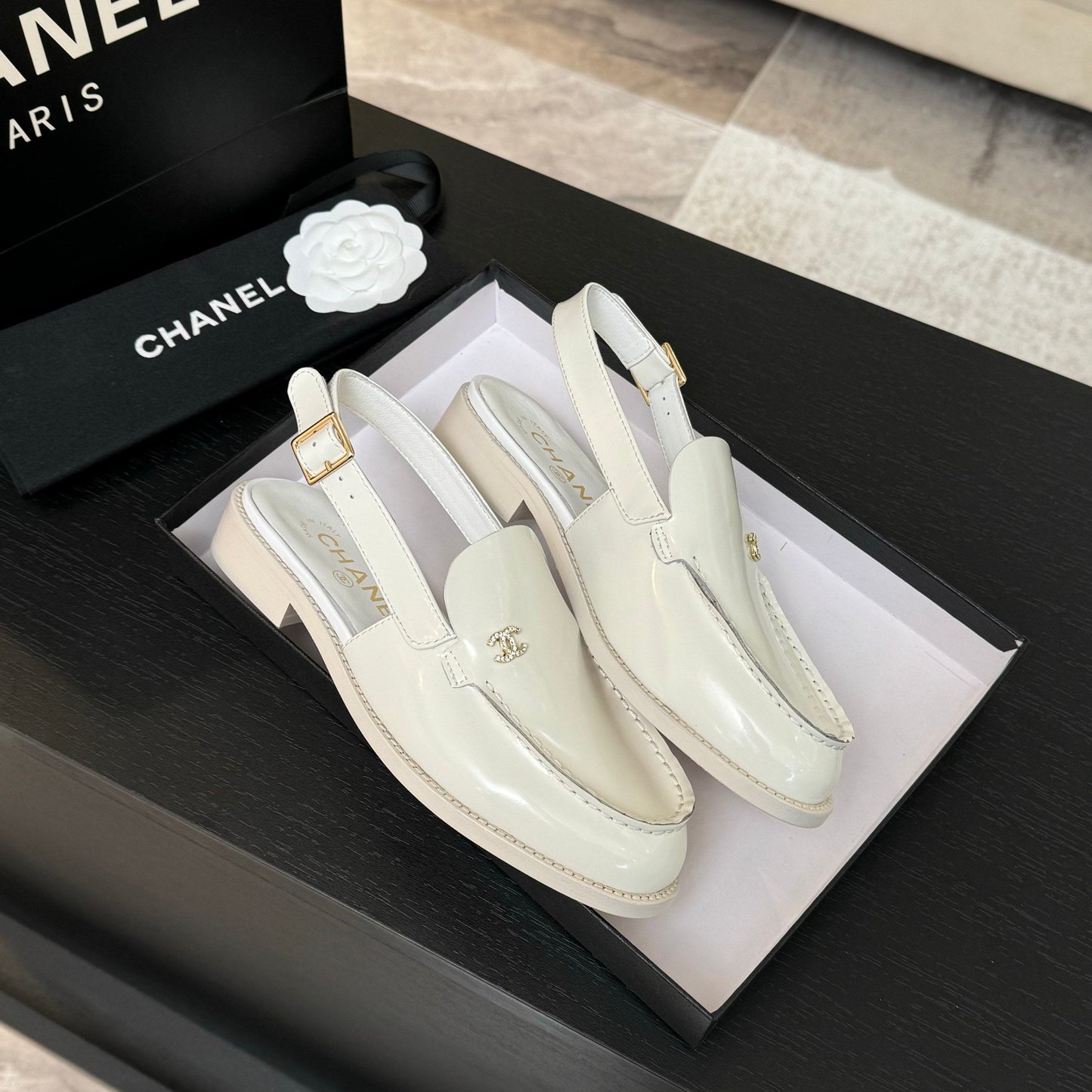 CHANEL 25C Slingback Loafer White Patent Leather