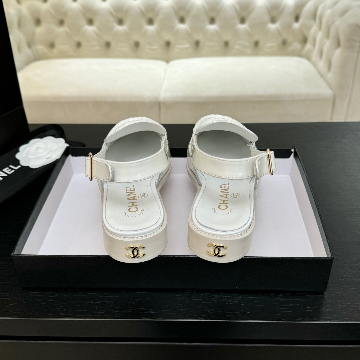 CHANEL 25C Slingback Loafer White Patent Leather