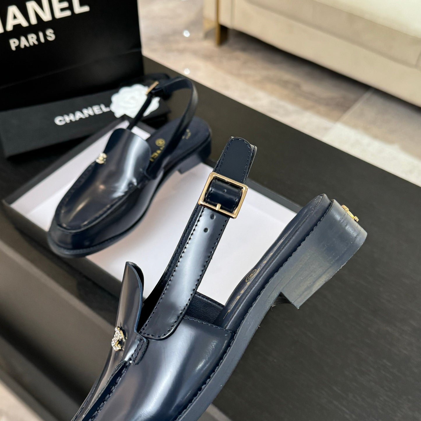 CHANEL 25C Slingback Loafer Dark Blue Patent Leather