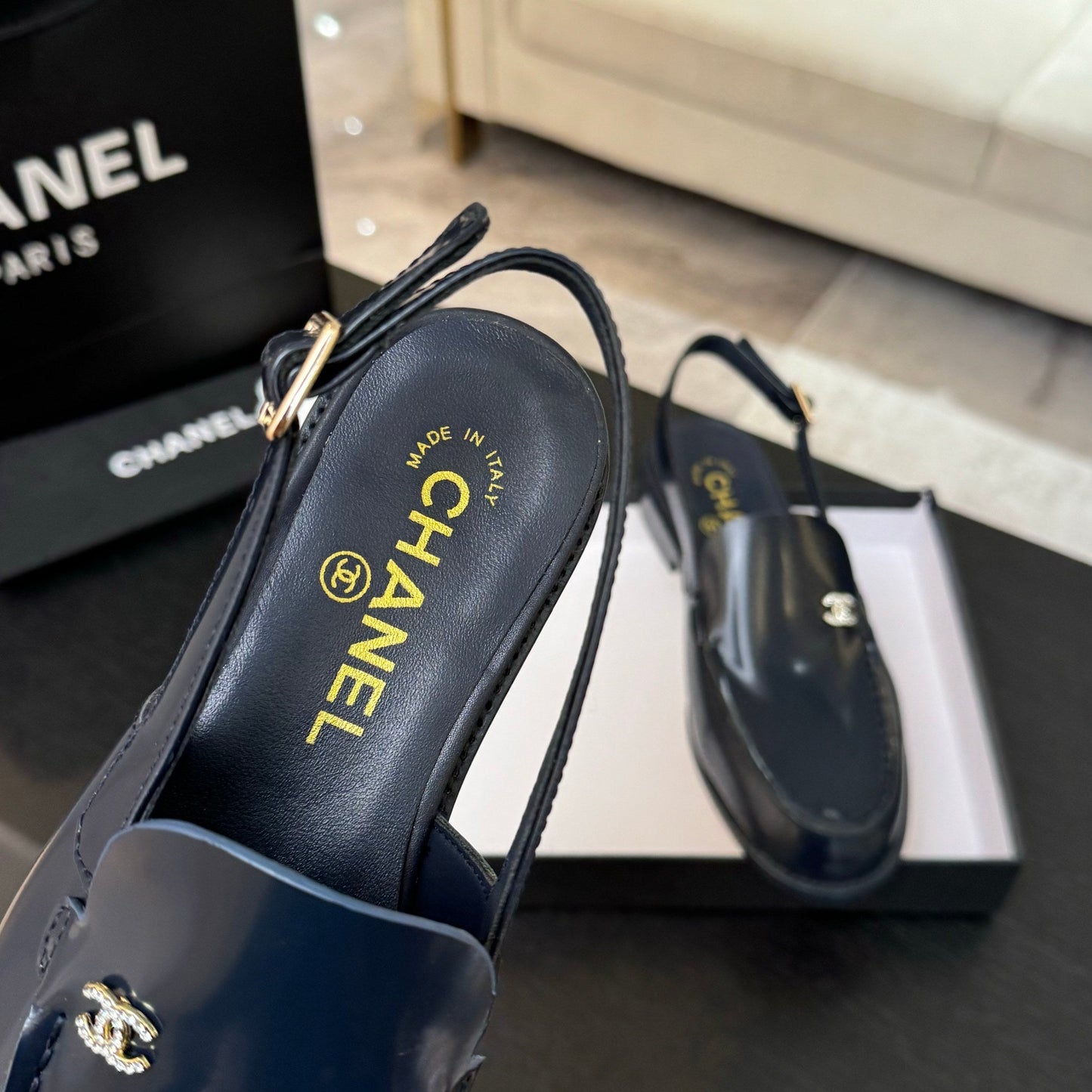 CHANEL 25C Slingback Loafer Dark Blue Patent Leather