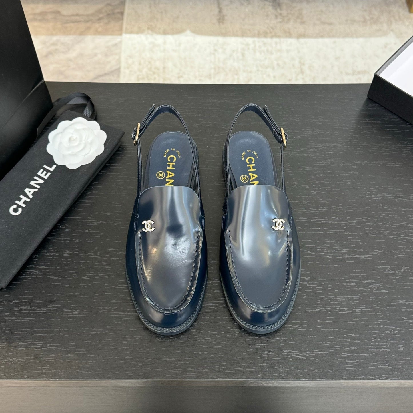 CHANEL 25C Slingback Loafer Dark Blue Patent Leather