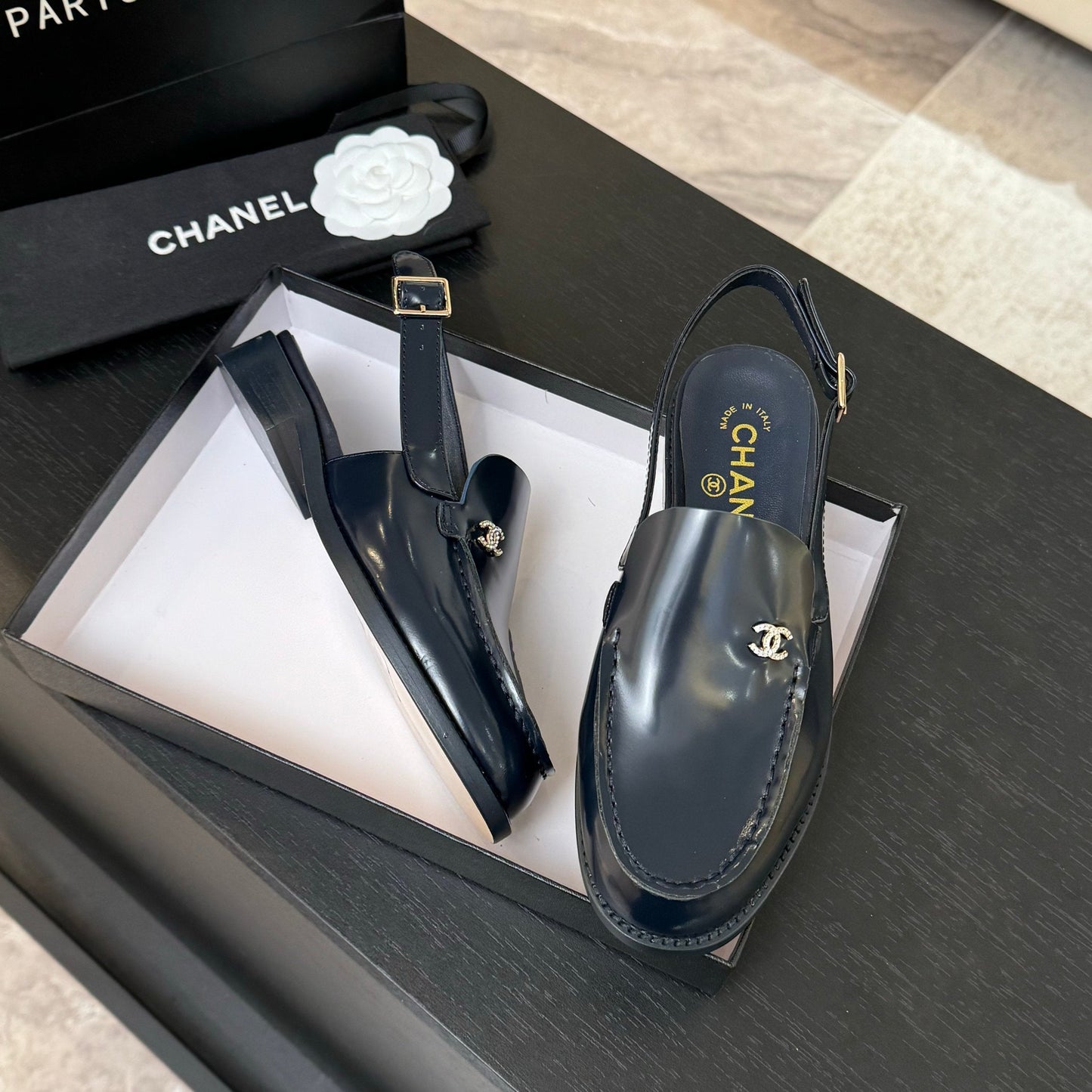 CHANEL 25C Slingback Loafer Dark Blue Patent Leather