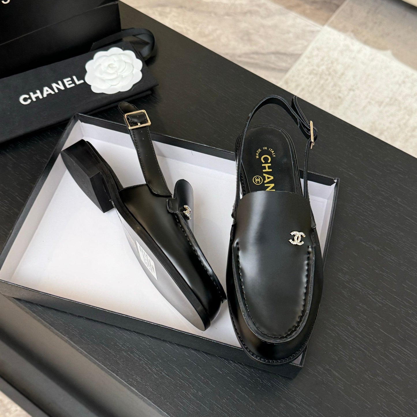 CHANEL 25C Slingback Loafer Black Patent Leather