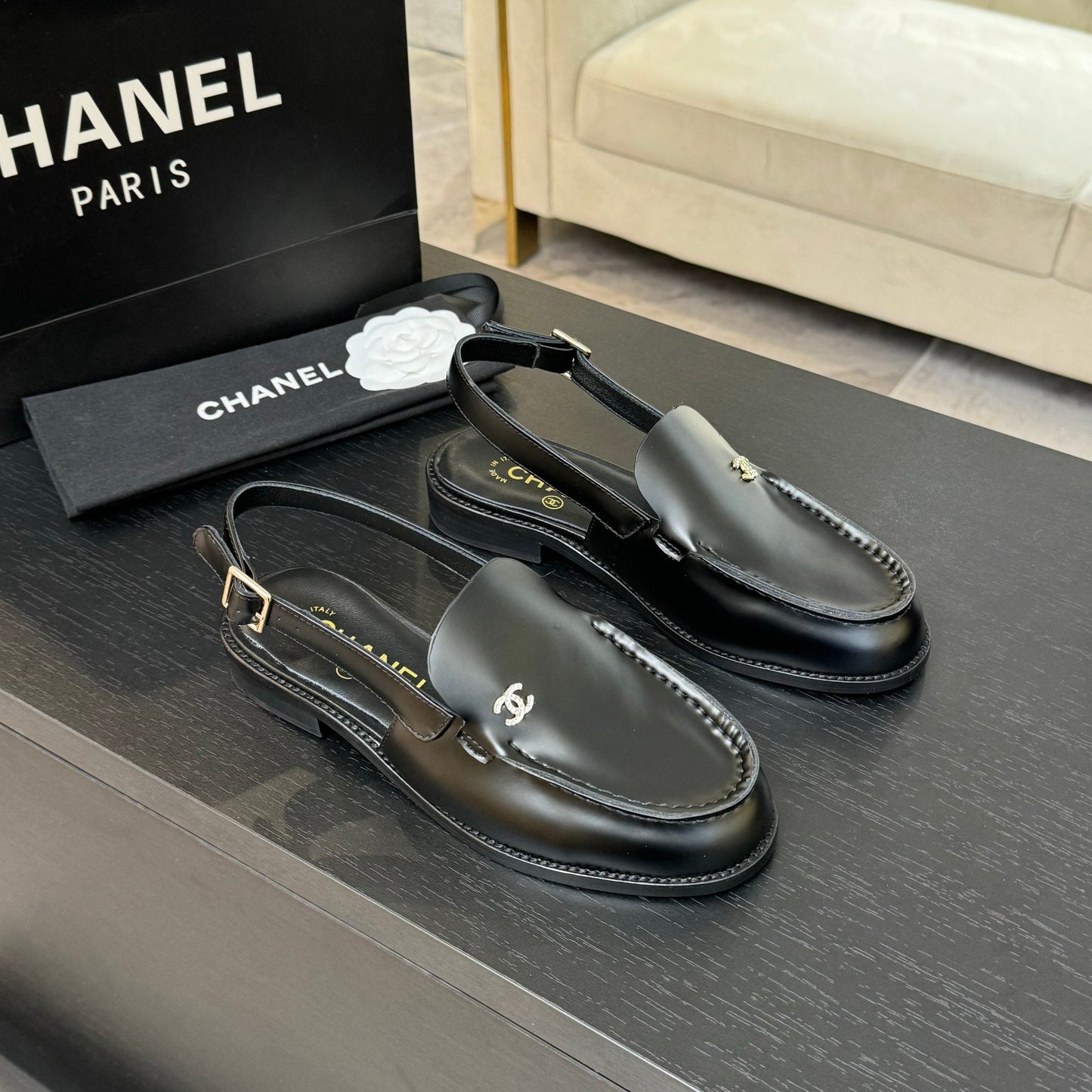 CHANEL 25C Slingback Loafer Black Patent Leather