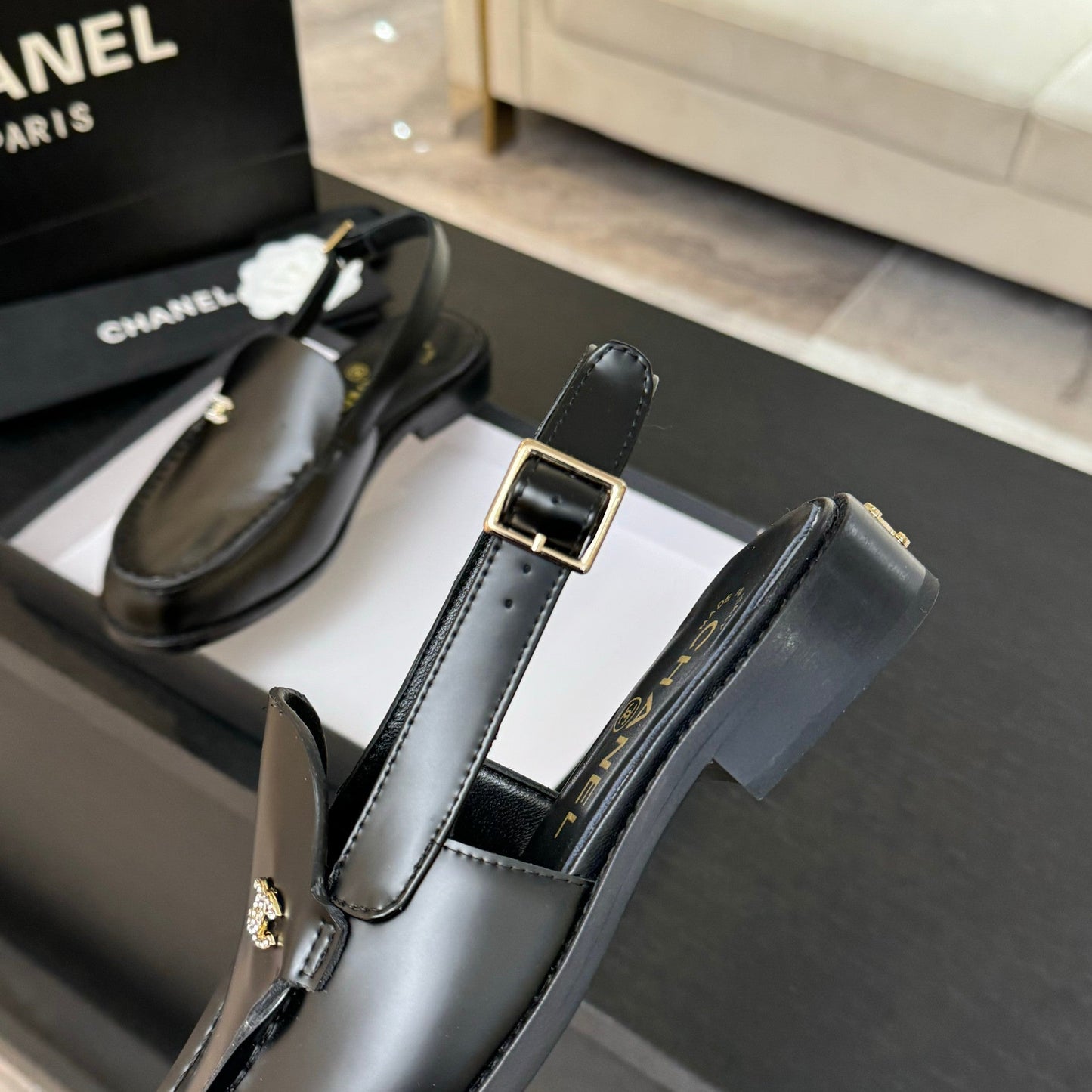 CHANEL 25C Slingback Loafer Black Patent Leather