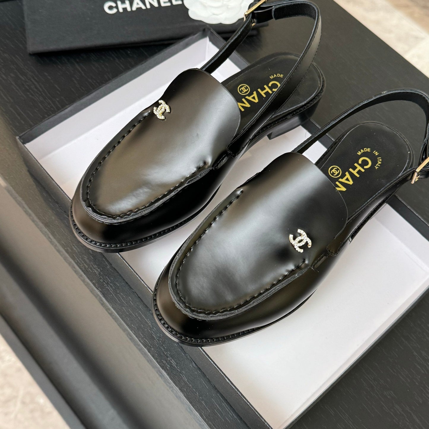 CHANEL 25C Slingback Loafer Black Patent Leather